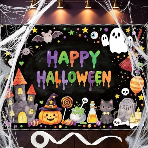 7×5ft Happy Halloween Banner, with Stretchy Spider Web Chalkboard Backdrop in 7x5 Ft in Halloween Chalkboard