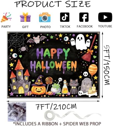 7×5ft Happy Halloween Banner, with Stretchy Spider Web Chalkboard Backdrop in 7x5 Ft in Halloween Chalkboard, alternate view