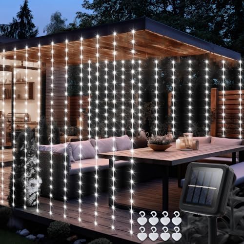 7.9ft x 6ft Curtain Lights Solar with Timer, 144 LED Outdoor Curtain Lights