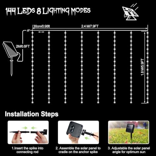 7.9ft x 6ft Curtain Lights Solar with Timer, 144 LED Outdoor Curtain Lights, alternate view 2