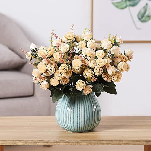 7 Branch 21 Mini Rose Heads Artificial Flowers Bouquet Wedding Home Office Decor, Pack of 2 (2 PCS Champagne), alternate view