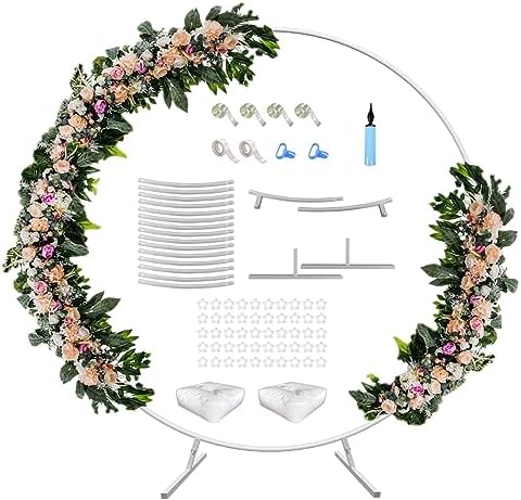 7 Ft Round Wedding Arch Stand with Metal Base, White in White