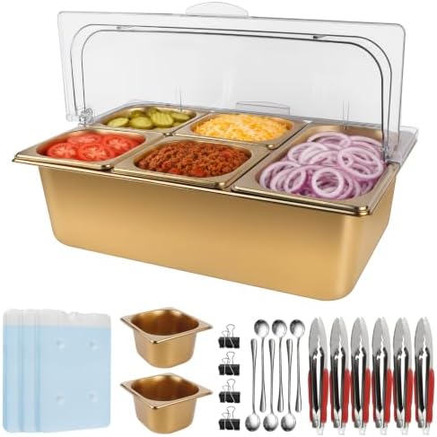 7 Grids Stainless Steel Topping Containers with Flip Lids (Gold) in Golden Flip Cover