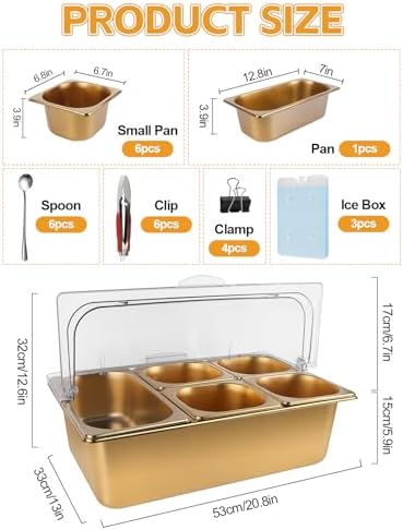 7 Grids Stainless Steel Topping Containers with Flip Lids (Gold) in Golden Flip Cover, alternate view 2