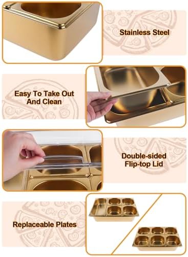 7 Grids Stainless Steel Topping Containers with Flip Lids (Gold) in Golden Flip Cover, alternate view 3
