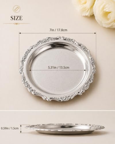 7 Inch Vintage Resistant Silver Tray Round Iron Serving Platter in Silver, alternate view 2
