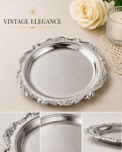 7 Inch Vintage Resistant Silver Tray Round Iron Serving Platter in Silver, alternate view 4