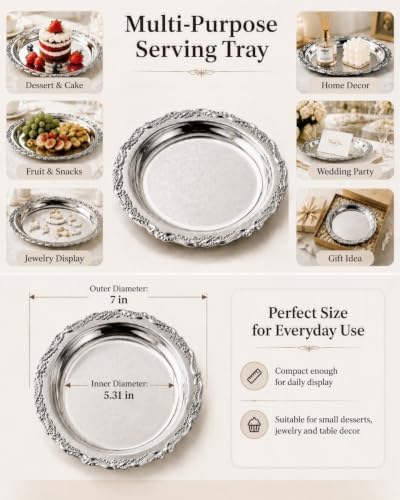 7 Inch Vintage Resistant Silver Tray Round Iron Serving Platter in Silver, alternate view 6