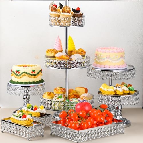7 Pcs Cake Stand Set Crystal Beaded Metal Dessert Display, Silver in as shown in the pictures, alternate view 2