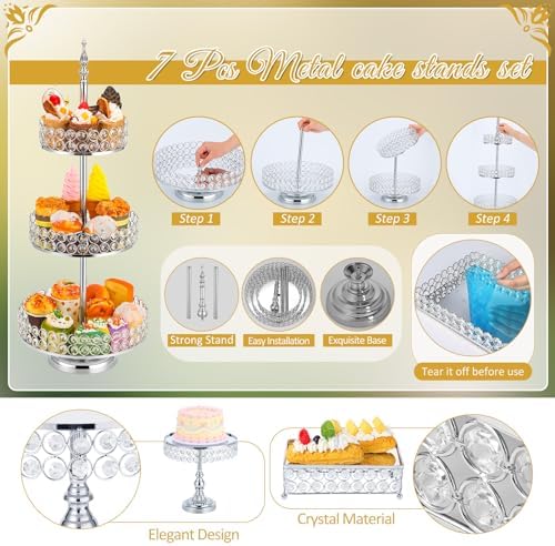 7 Pcs Cake Stand Set Crystal Beaded Metal Dessert Display, Silver in as shown in the pictures, alternate view 3