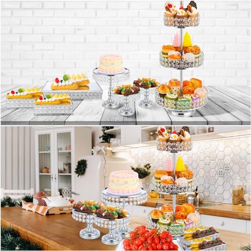 7 Pcs Cake Stand Set Crystal Beaded Metal Dessert Display, Silver in as shown in the pictures, alternate view 4
