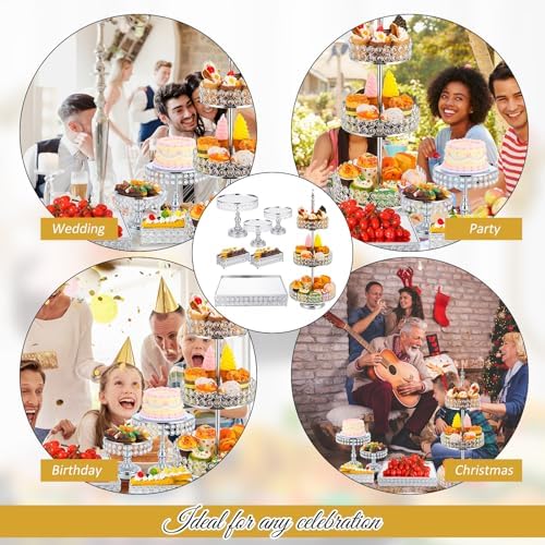 7 Pcs Cake Stand Set Crystal Beaded Metal Dessert Display, Silver in as shown in the pictures, alternate view 5