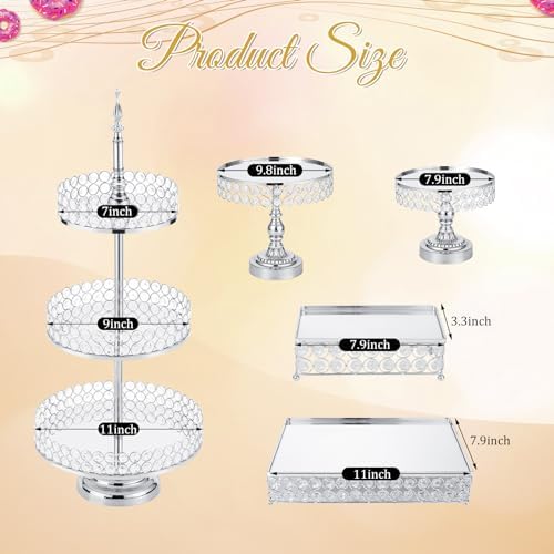 7 Pcs Cake Stand Set Crystal Beaded Metal Dessert Display, Silver in as shown in the pictures, alternate view 6