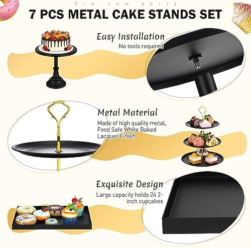 7 Pcs Cake Stand Set Metal Dessert Table Display Holder, Black in Black, alternate view 4
