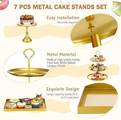 7 Pcs Cake Stand Set Metal Dessert Table Display Holder, Gold in Gold, alternate view 4