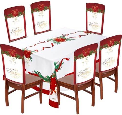 7 Pcs Christmas Chair Protector Cover and Tablecloth Set Stretch Removable Washable 60"x84" Table Cover and