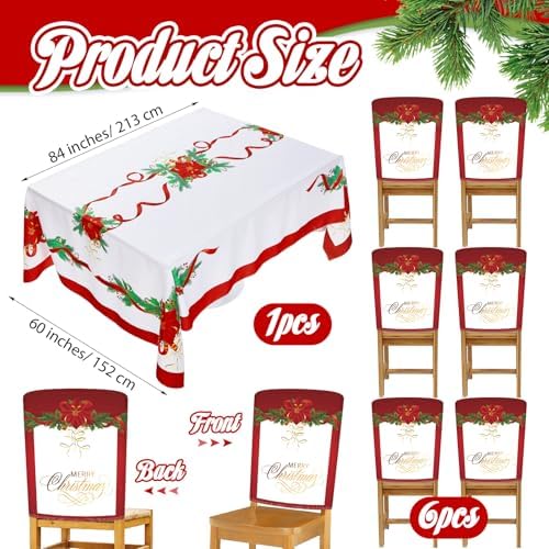 7 Pcs Christmas Chair Protector Cover and Tablecloth Set Stretch Removable Washable 60"x84" Table Cover and, alternate view 3
