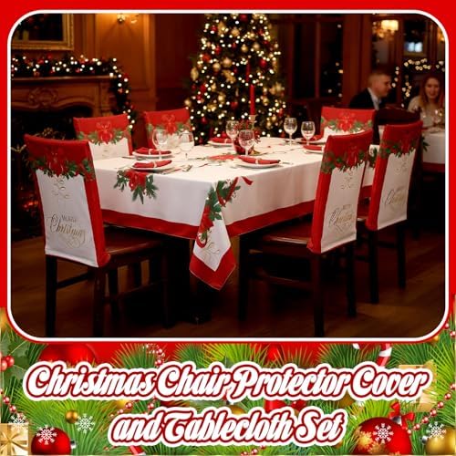 7 Pcs Christmas Chair Protector Cover and Tablecloth Set Stretch Removable Washable 60"x84" Table Cover and, alternate view 5