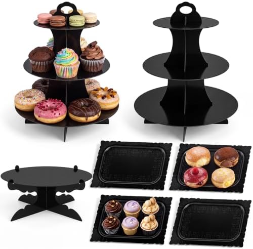 7 Pcs Dessert Table Display Set 3 Tiered Cupcake Stand, Black in Black