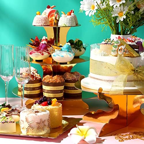 7 Pcs Dessert Table Display Set 3 Tiered Cupcake Stand, Gold in Gold, alternate view 2