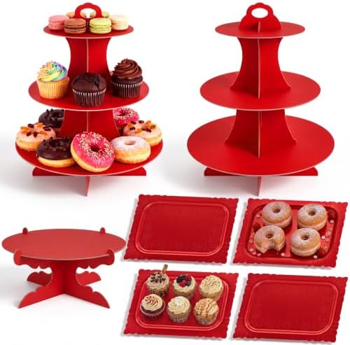 7 Pcs Dessert Table Display Set 3 Tiered Cupcake Stand, Red in Red