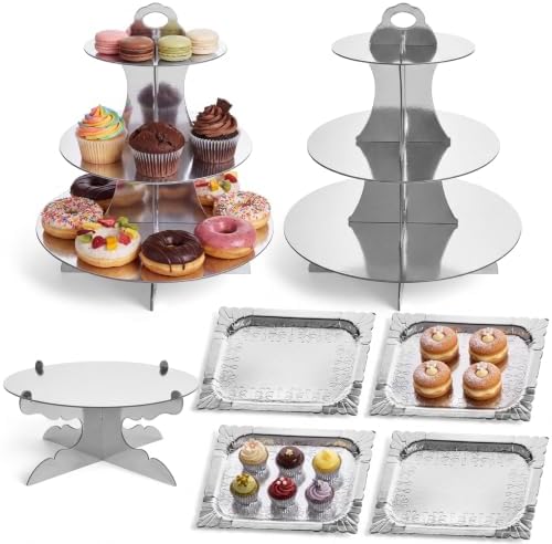 7 Pcs Dessert Table Display Set 3 Tiered Cupcake Stand, Silver in Silver