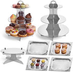 7 Pcs Dessert Table Display Set 3 Tiered Cupcake Stand, Silver in Silver