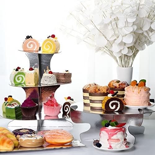 7 Pcs Dessert Table Display Set 3 Tiered Cupcake Stand, Silver in Silver, alternate view 2