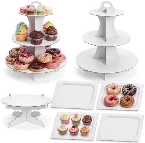 7 Pcs Dessert Table Display Set 3 Tiered Cupcake Stand, White in White