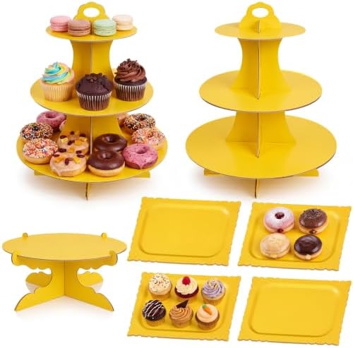 7 Pcs Dessert Table Display Set 3 Tiered Cupcake Stand, Yellow in Yellow