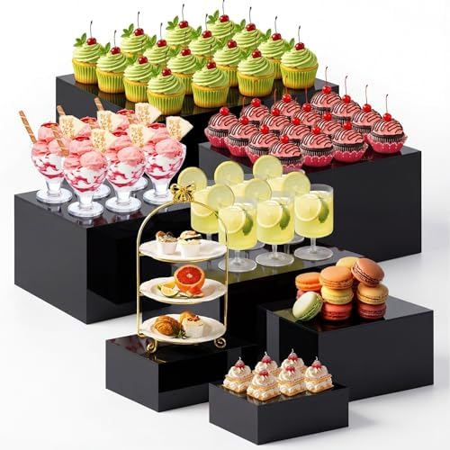 7 Pcs Extra Large Acrylic Buffet Risers, 8-14" Square, Black in 7.2 to 16" in White