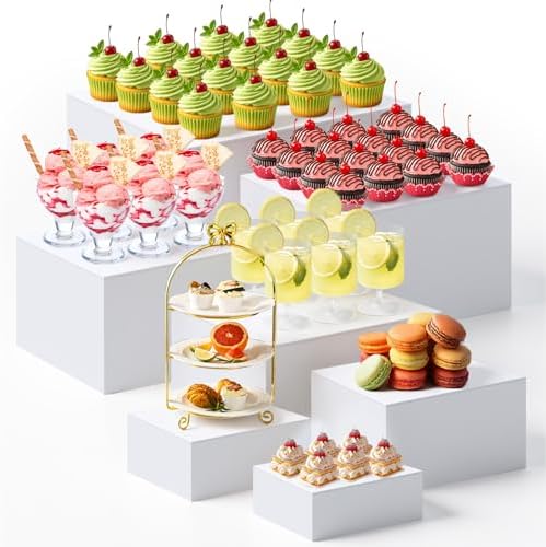7 Pcs Extra Large Acrylic Buffet Risers, 8-14" Square, White in 7.2 to 16" in White