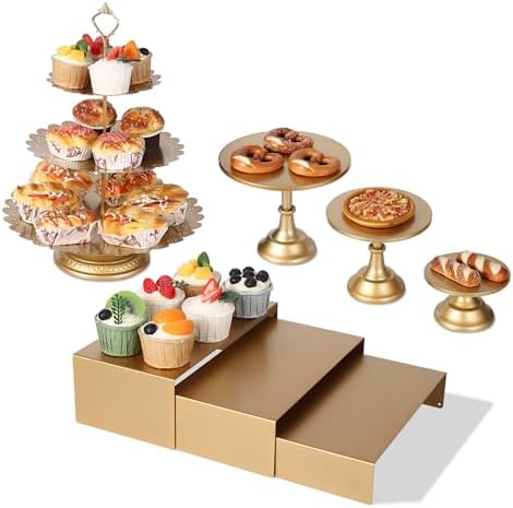 7 Pcs Gold Metal Cake Stand Set, Dessert Table Display Set with 3 Sizes Round Pedestal Stands Tiered Cupcake