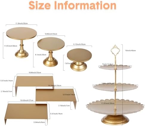 7 Pcs Gold Metal Cake Stand Set, Dessert Table Display Set with 3 Sizes Round Pedestal Stands Tiered Cupcake, alternate view