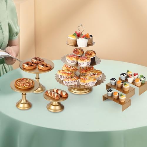 7 Pcs Gold Metal Cake Stand Set, Dessert Table Display Set with 3 Sizes Round Pedestal Stands Tiered Cupcake, alternate view