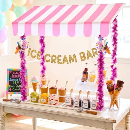 7 Pcs Ice Cream Bar Stand Supplies Ice Cream Bar Cart Party Decoration with 1 Set Plastic Stand 1 Pink and White