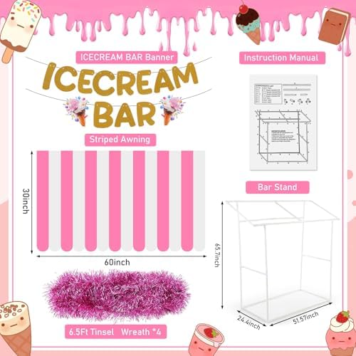 7 Pcs Ice Cream Bar Stand Supplies Ice Cream Bar Cart Party Decoration with 1 Set Plastic Stand 1 Pink and White, alternate