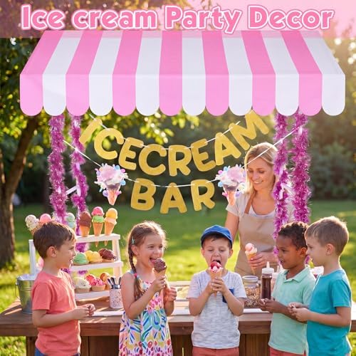 7 Pcs Ice Cream Bar Stand Supplies Ice Cream Bar Cart Party Decoration with 1 Set Plastic Stand 1 Pink and White, alternate