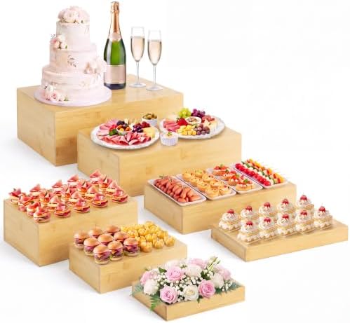 7 Pcs Large 12 in Bamboo Buffet Display Risers Set in Bamboo