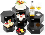 7 Pcs Large Acrylic Buffet Risers, 6-12" Hexagonal, Black in about 6 x 6 x 2 inches, 7 x 7 x 4 inches, 8 x 8 x 6