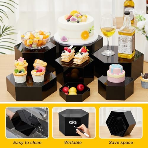 7 Pcs Large Acrylic Buffet Risers, 6-12" Hexagonal, Black in about 6 x 6 x 2 inches, 7 x 7 x 4 inches, 8 x 8 x 6, alternate