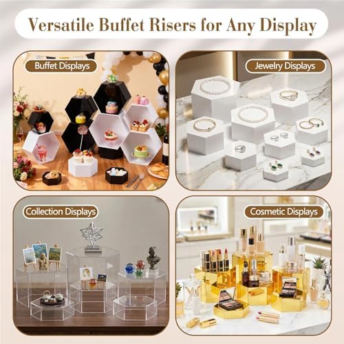 7 Pcs Large Acrylic Buffet Risers, 6-12" Hexagonal, Black in about 6 x 6 x 2 inches, 7 x 7 x 4 inches, 8 x 8 x 6, alternate