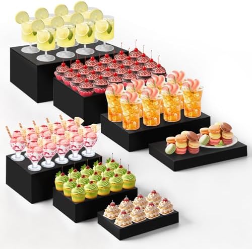 7 Pcs Large Acrylic Buffet Risers, 6-12" Rectangle, Black in about 6 x 6 x 2 inches, 7 x 7 x 4 inches, 8 x 8 x 6