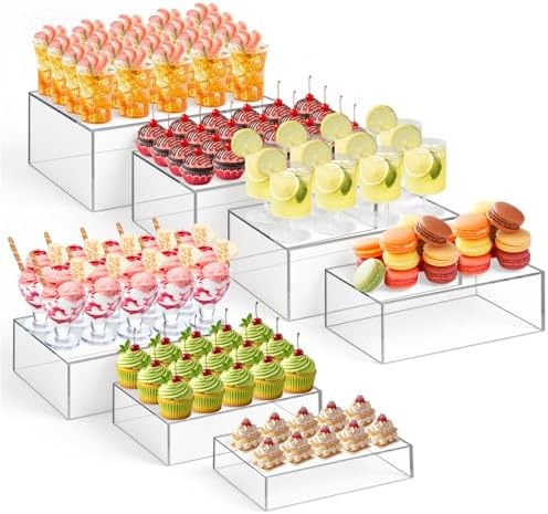 7 Pcs Large Acrylic Buffet Risers, 6-12" Rectangle, Clear in about 6 x 6 x 2 inches, 7 x 7 x 4 inches, 8 x 8 x 6