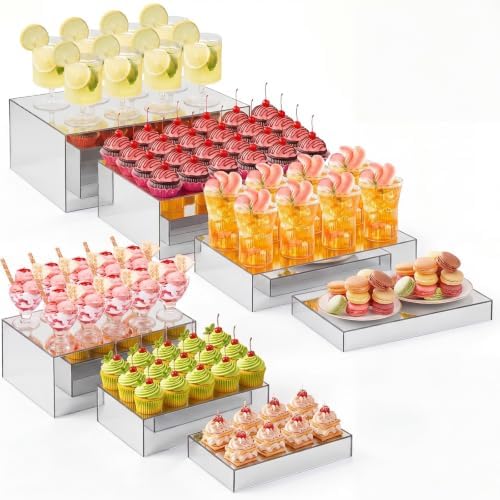 7 Pcs Large Acrylic Buffet Risers, 6-12" Rectangle, Silver in Silver