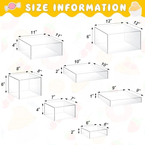 7 Pcs Large Acrylic Buffet Risers, 6-12" Square, Clear in about 6 x 6 x 2 inches, 7 x 7 x 4 inches, 8 x 8 x 6, alternate view