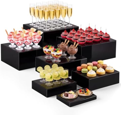 7 Pcs Large Acrylic Buffet Risers, 8-14" Rectangle, Black in Black