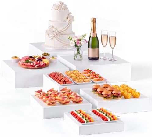 7 Pcs Large Acrylic Buffet Risers, 8-14" Square, White in White