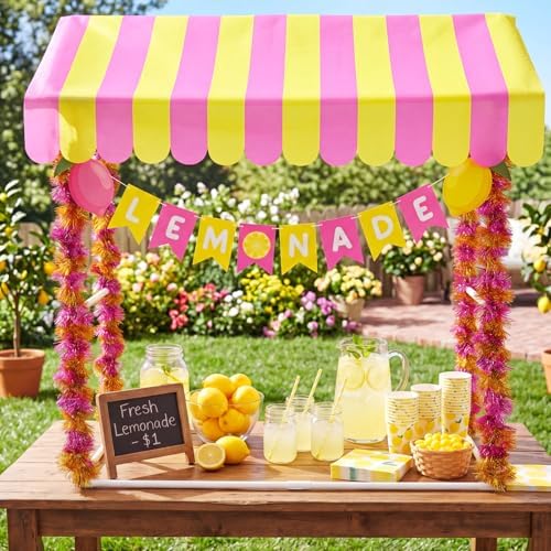 7 Pcs Lemonade Stand Supplies Lemonade Bar Party Decoration with 1 Set Plastic Stand 1 Yellow and Pink Striped