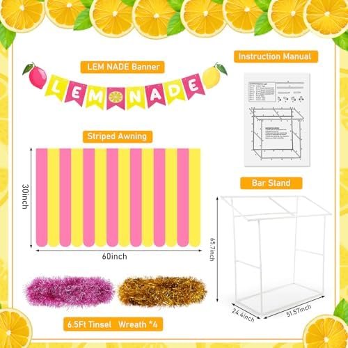 7 Pcs Lemonade Stand Supplies Lemonade Bar Party Decoration with 1 Set Plastic Stand 1 Yellow and Pink Striped, alternate